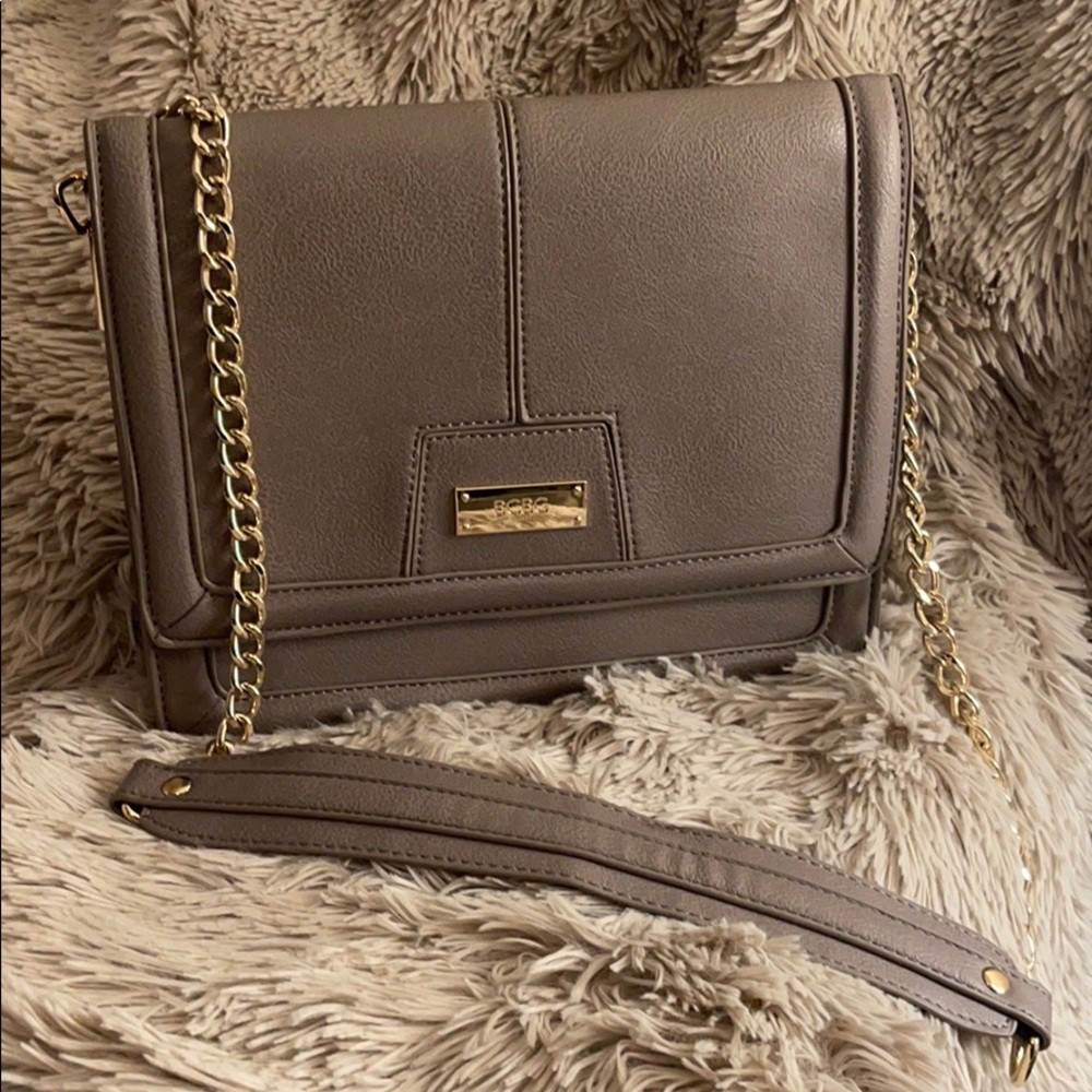 BCBG Paris gray one shoulder purse with gold chain